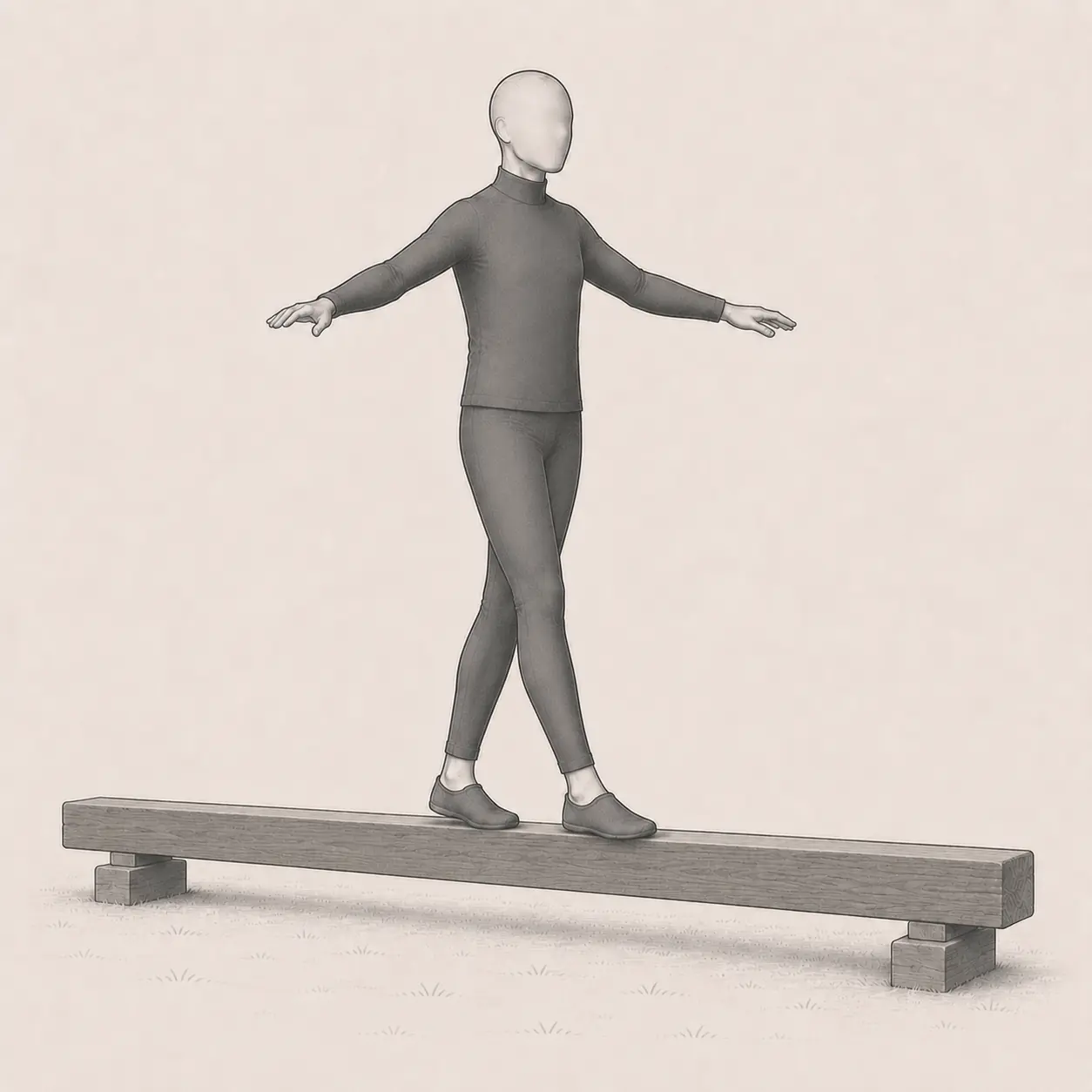 An adult paused with both feet supported on a low narrow timber
