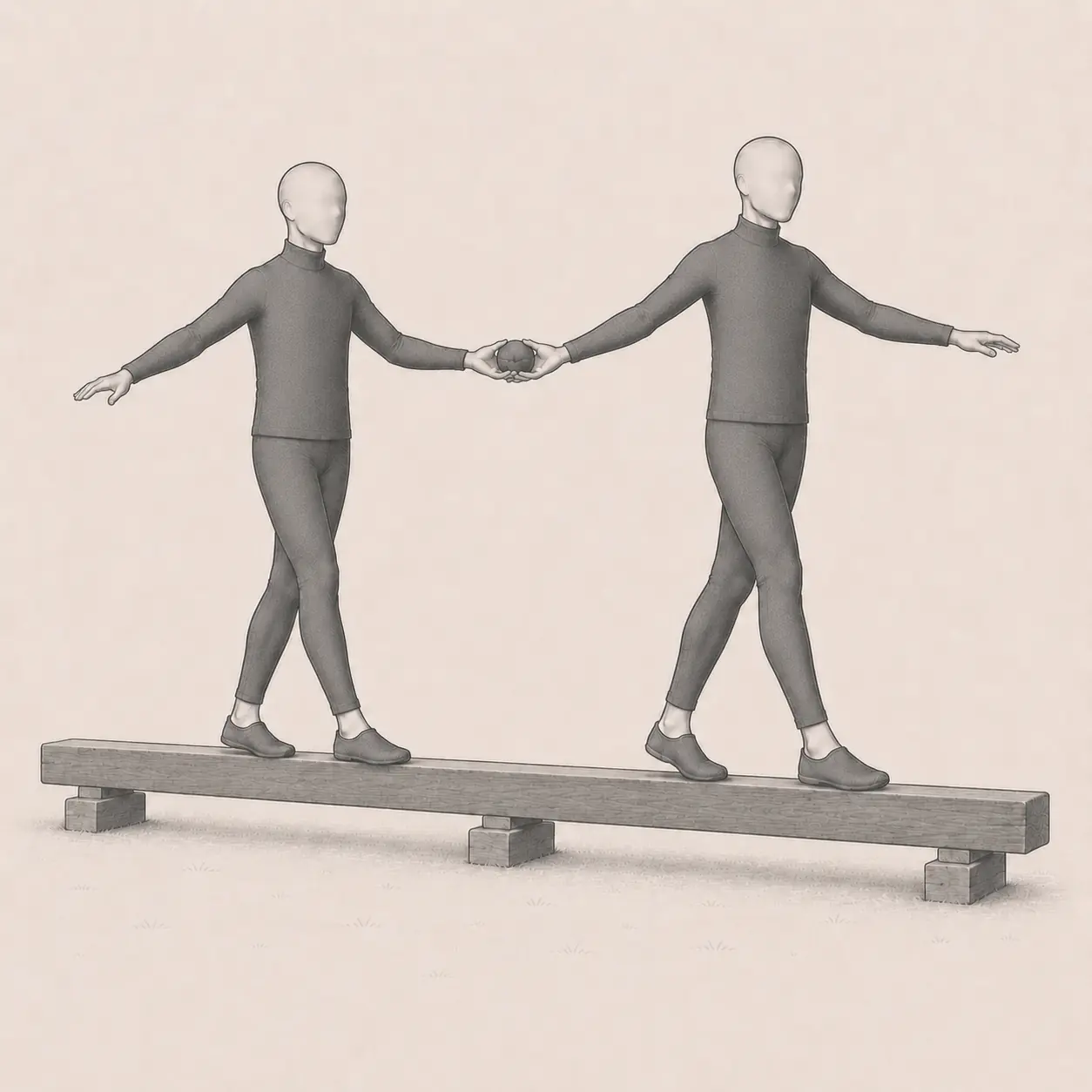 Two partners crossing a low timber in single file while holding the same soft object