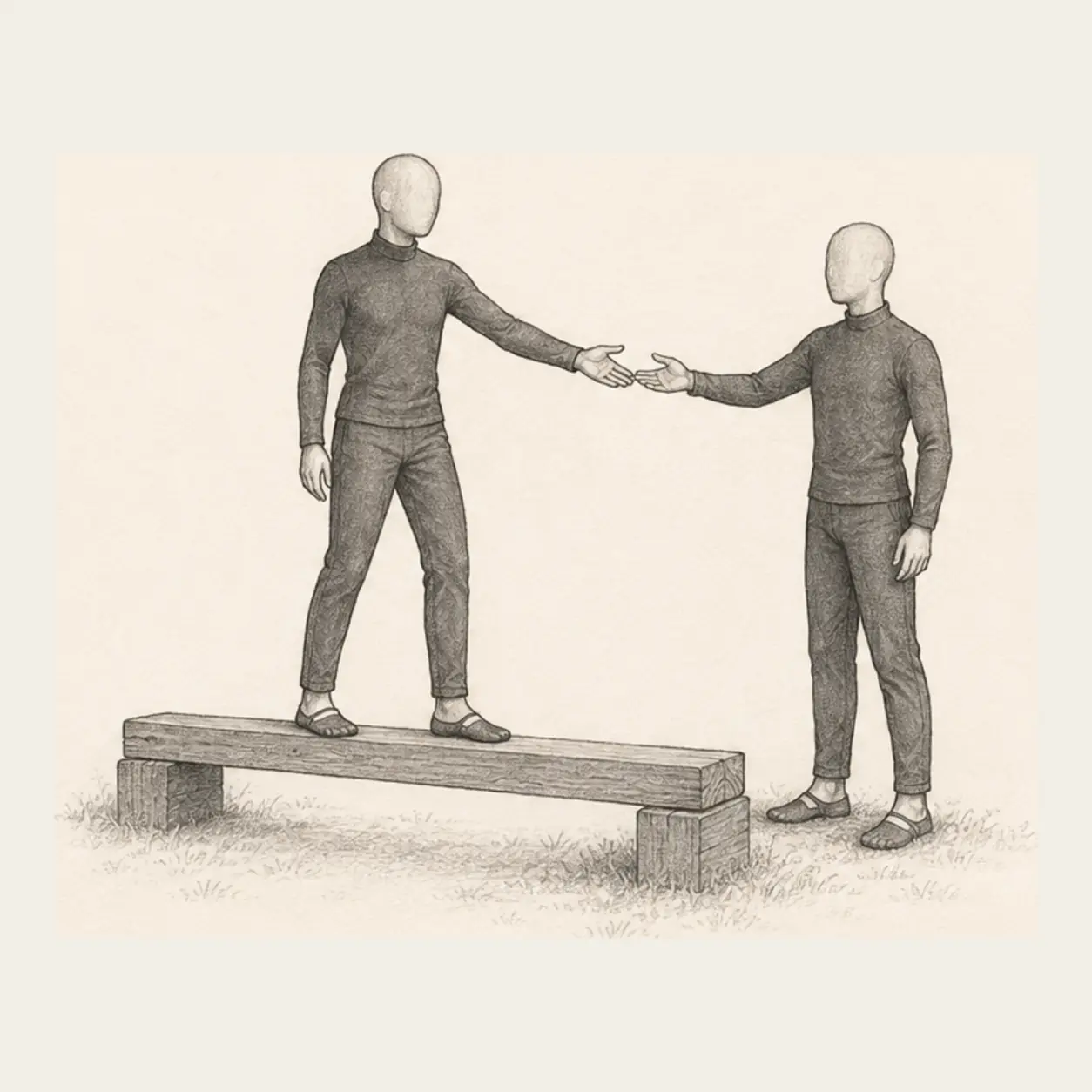 Look to one side or reach toward a partner while paused.