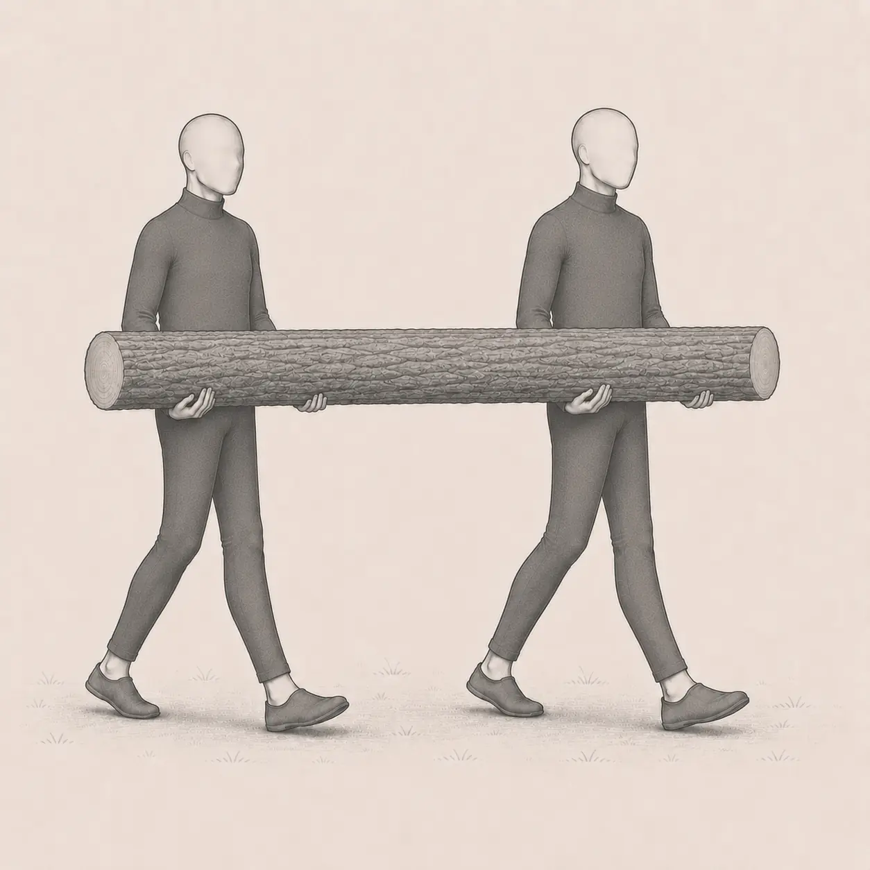 Two partners carrying a long awkward log together