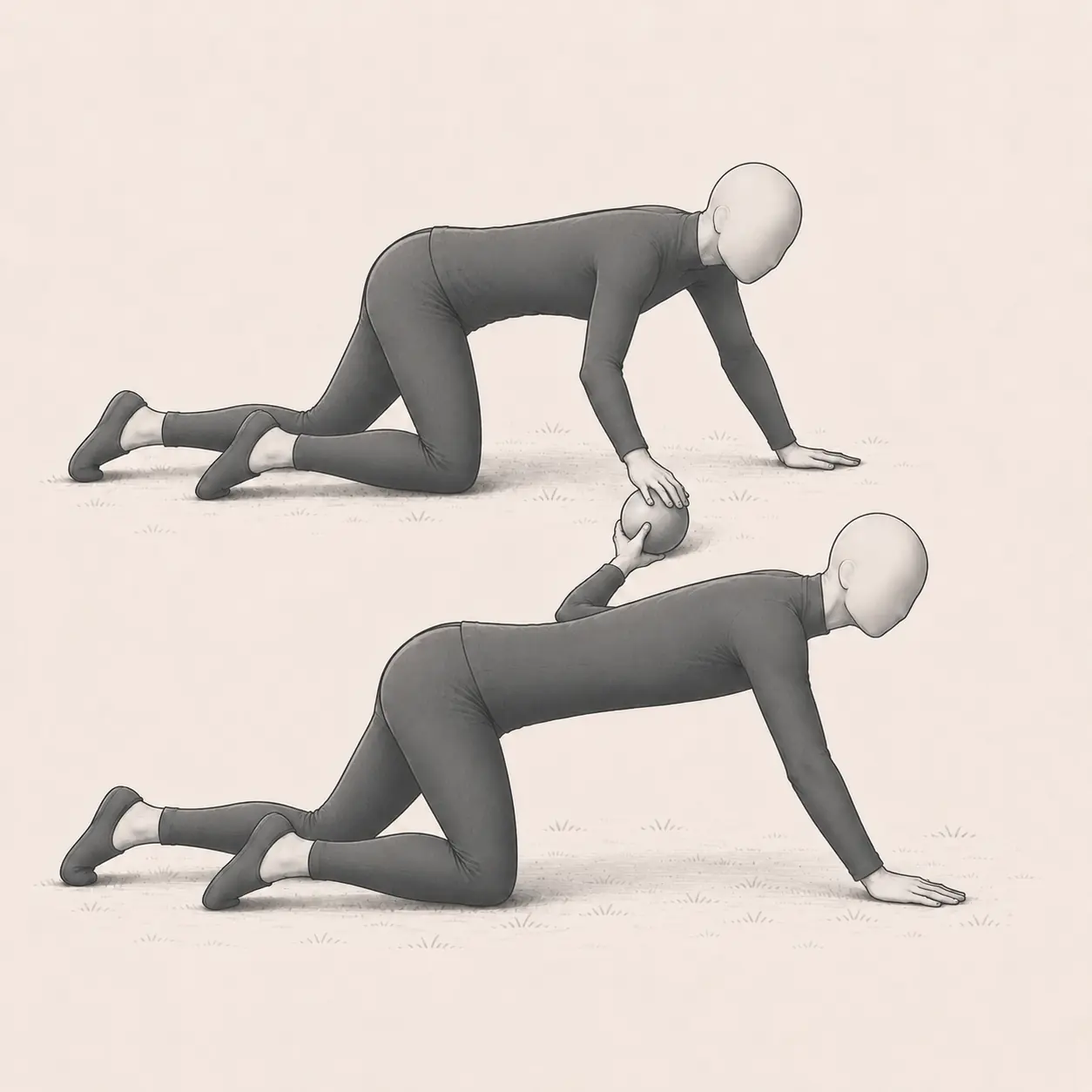 Two partners crawling side by side while each keeps one hand on the same soft object