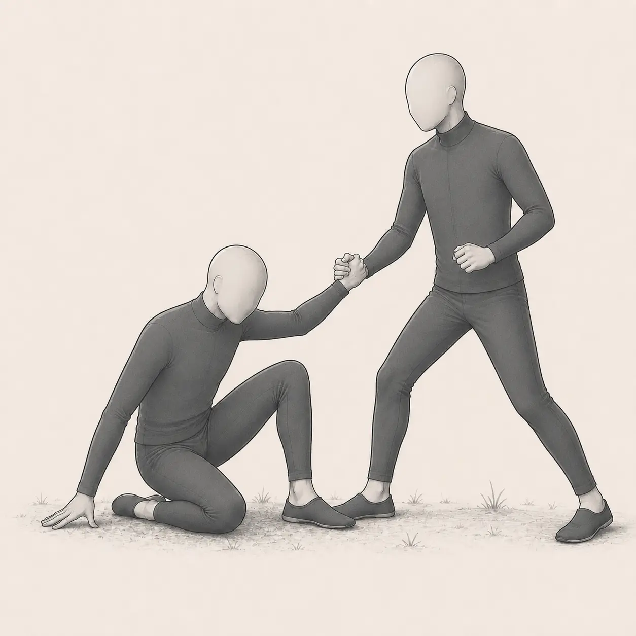 A standing partner helping a seated adult rise while the seated adult keeps one leg unavailable