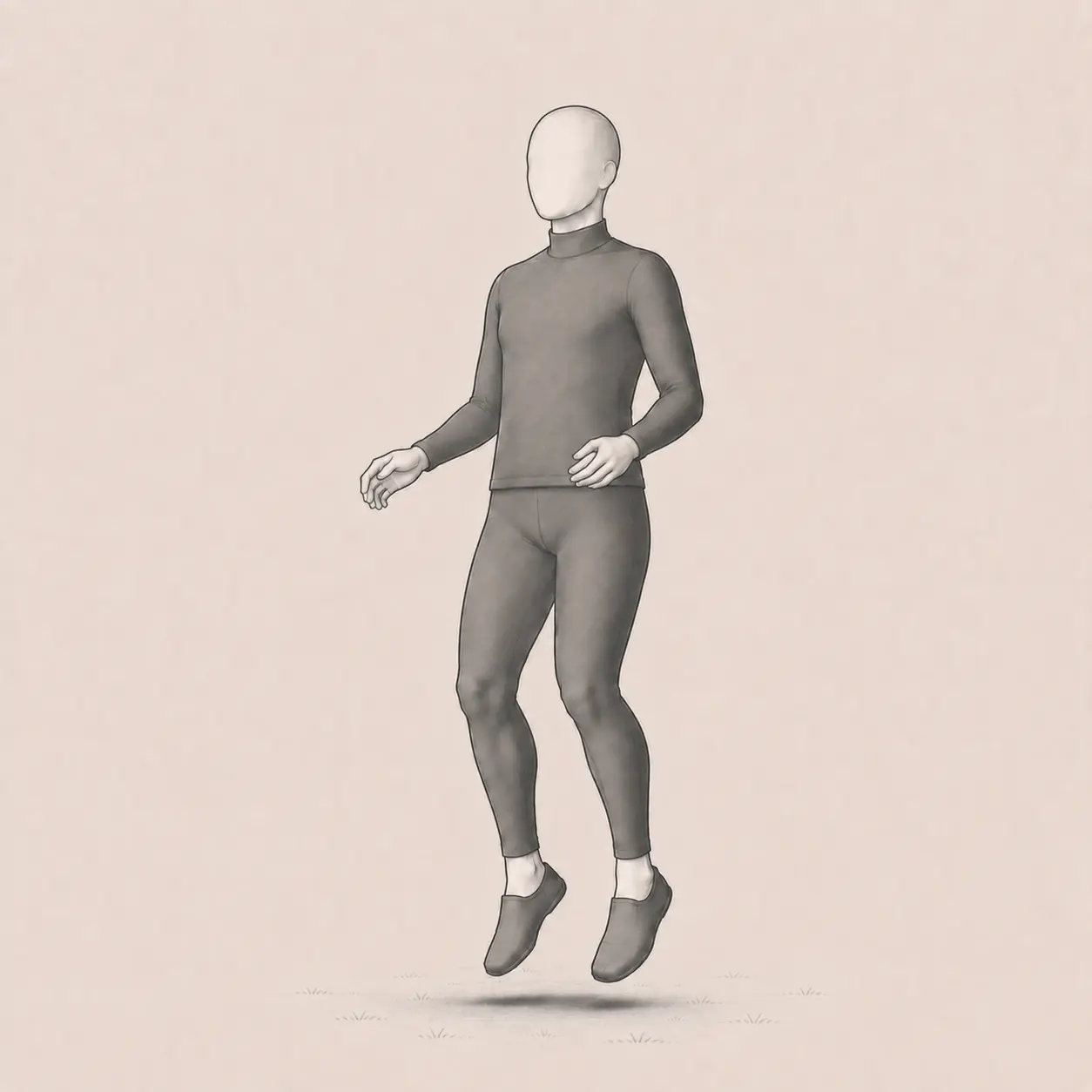 An adult making a tiny jump with both feet clear of the grass