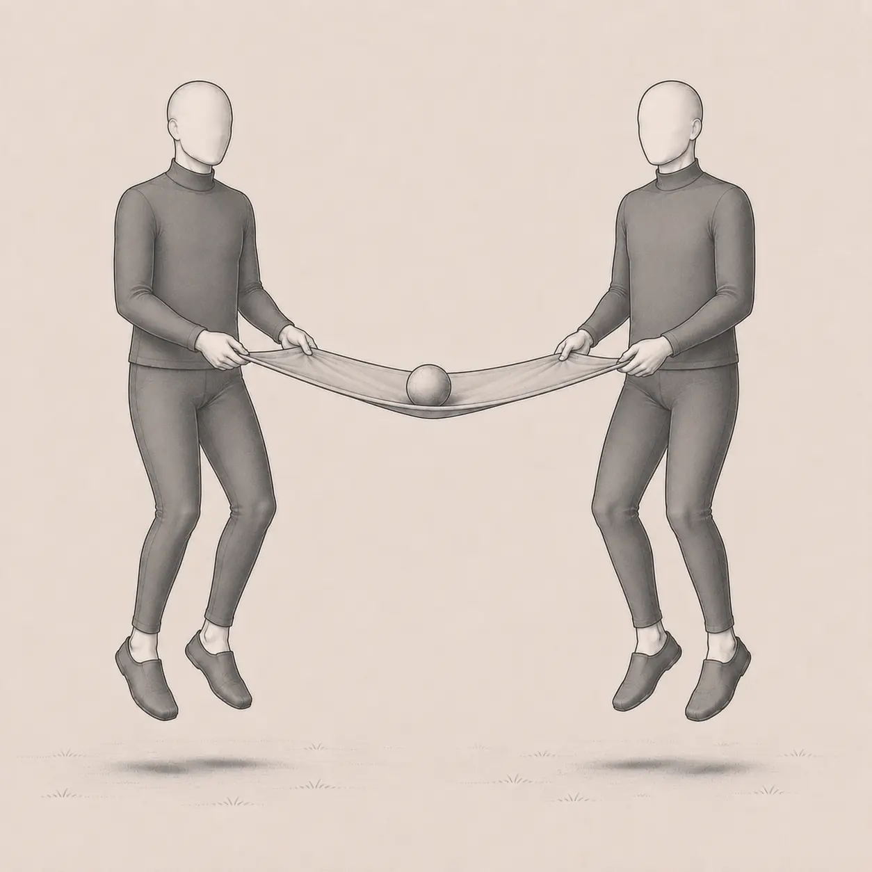 Two partners making a tiny jump while holding a towel with a soft ball resting on it