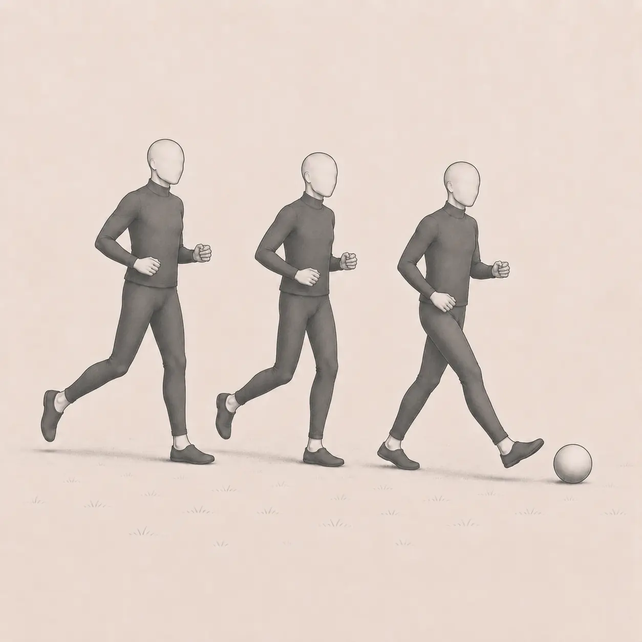 A small group jogging behind a softly kicked ball