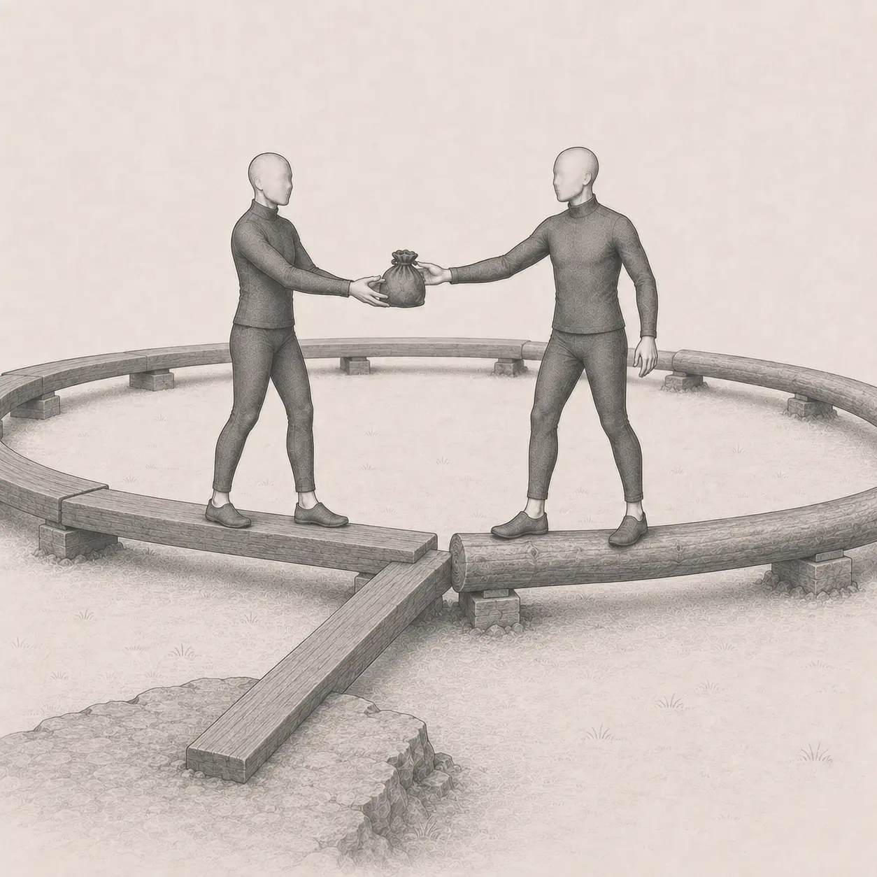 Two adults hand off one object across the junction between the single access log and the balance circle.