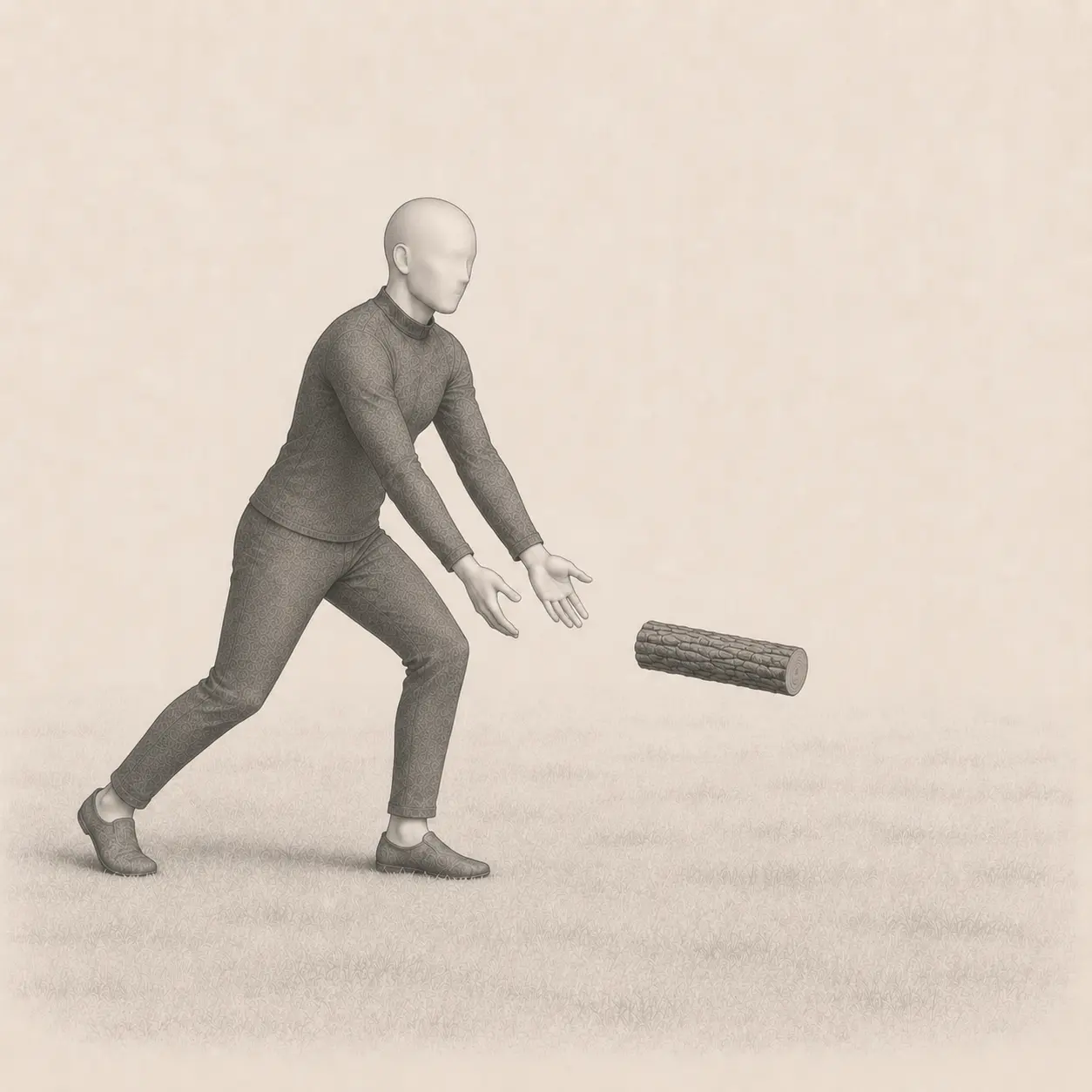 Adult making a controlled two-handed underhand forward throw with a short log.
