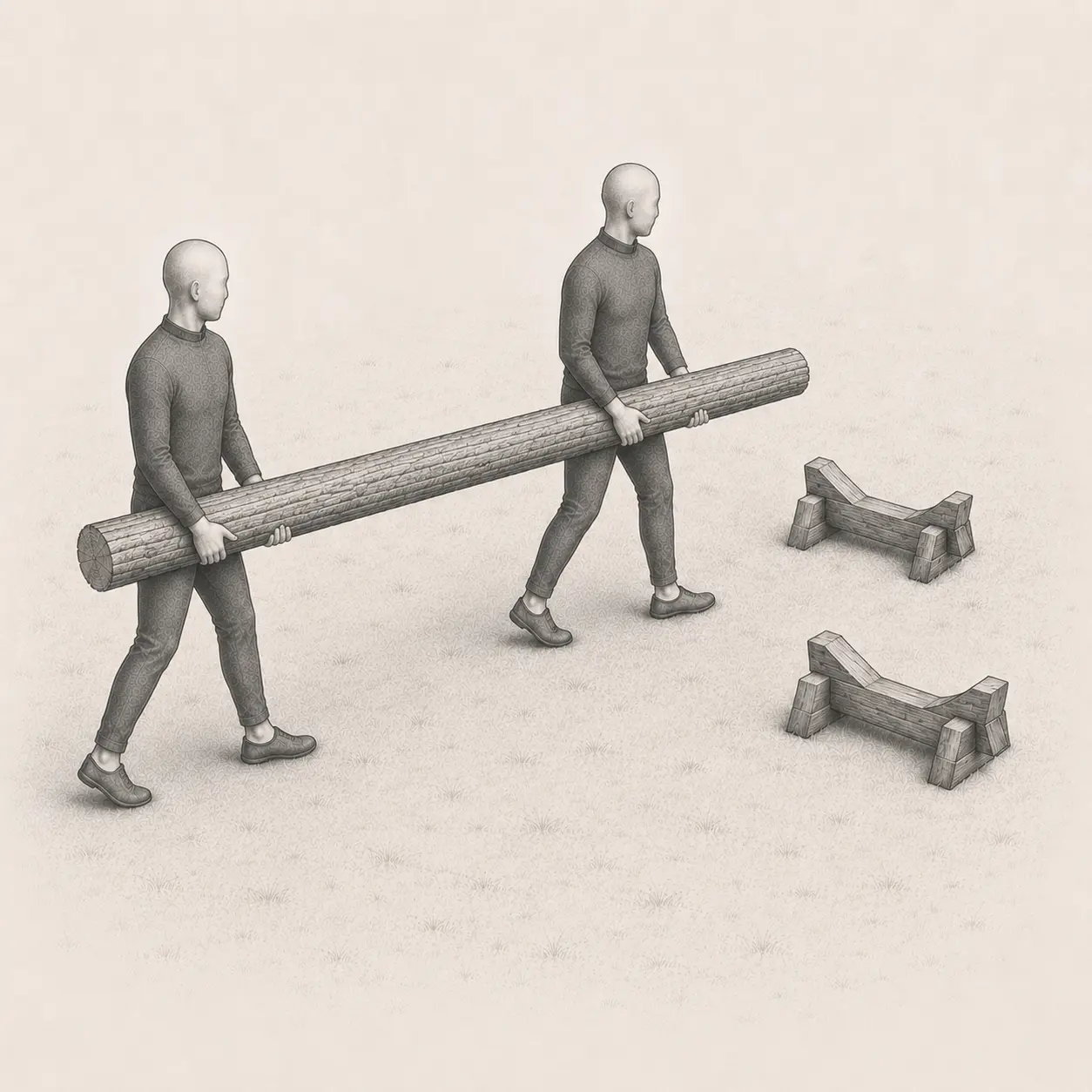 Crew carrying a long log through a broad turn toward stable destination rests.