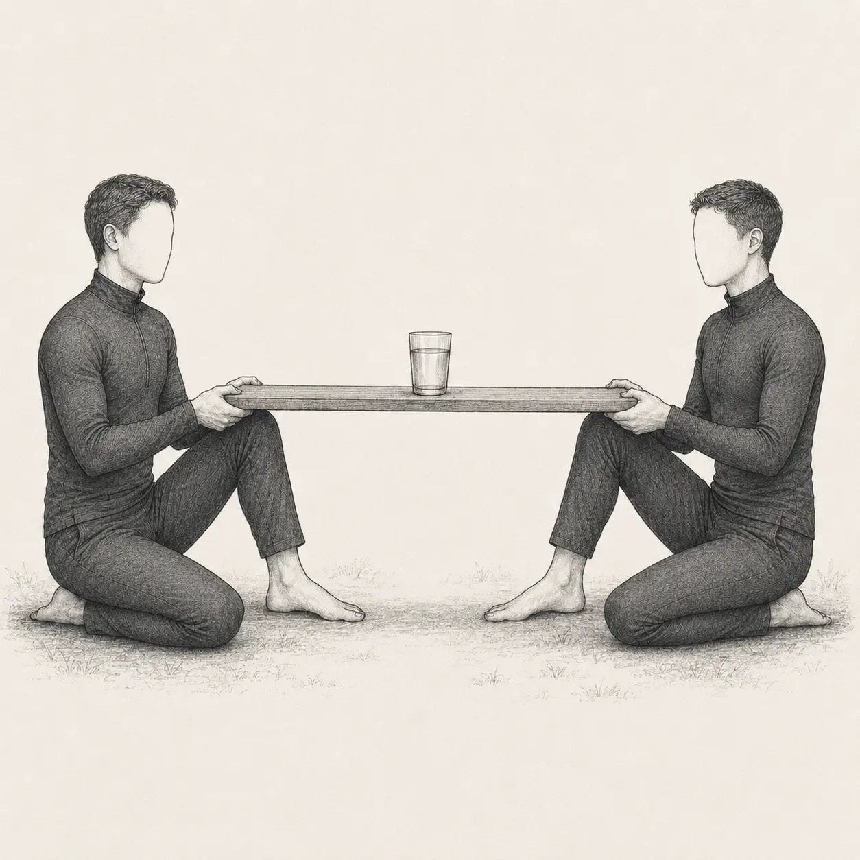 Two seated adults rising together while keeping a plank and centered cup level.