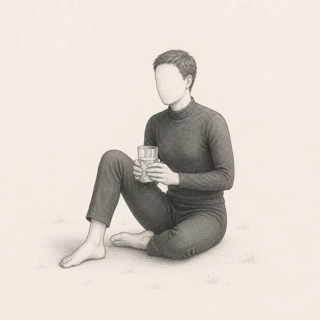 Seated adult rising from the ground while keeping a cup of water upright.