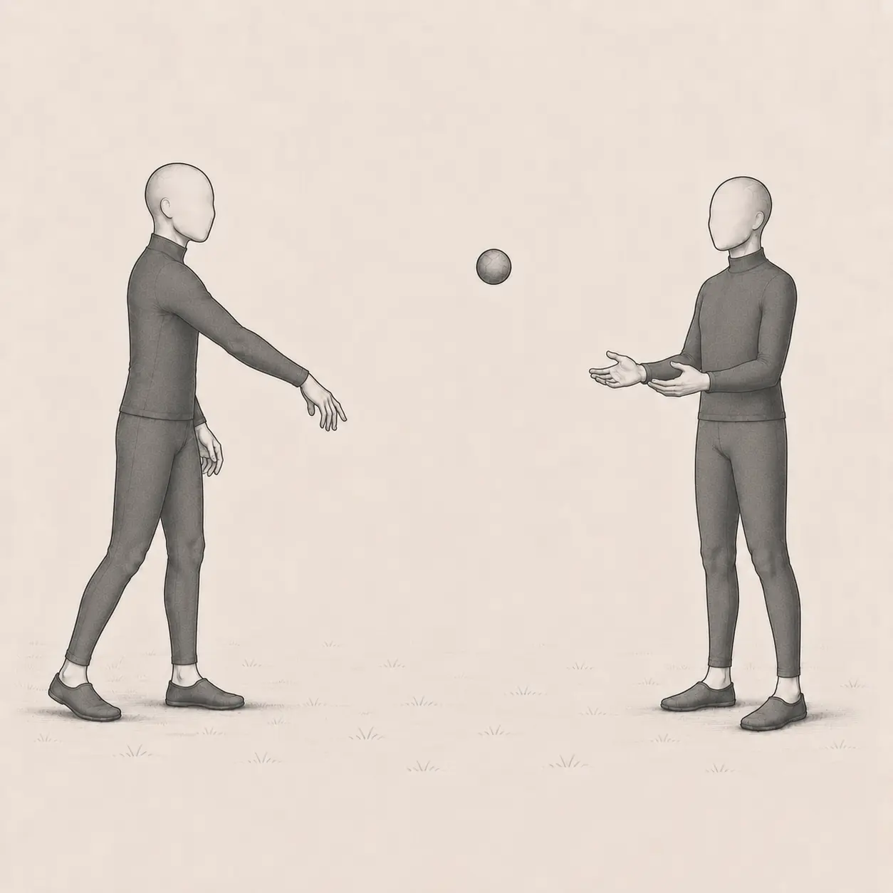 One partner making a catchable underhand throw to another partner who remains in place