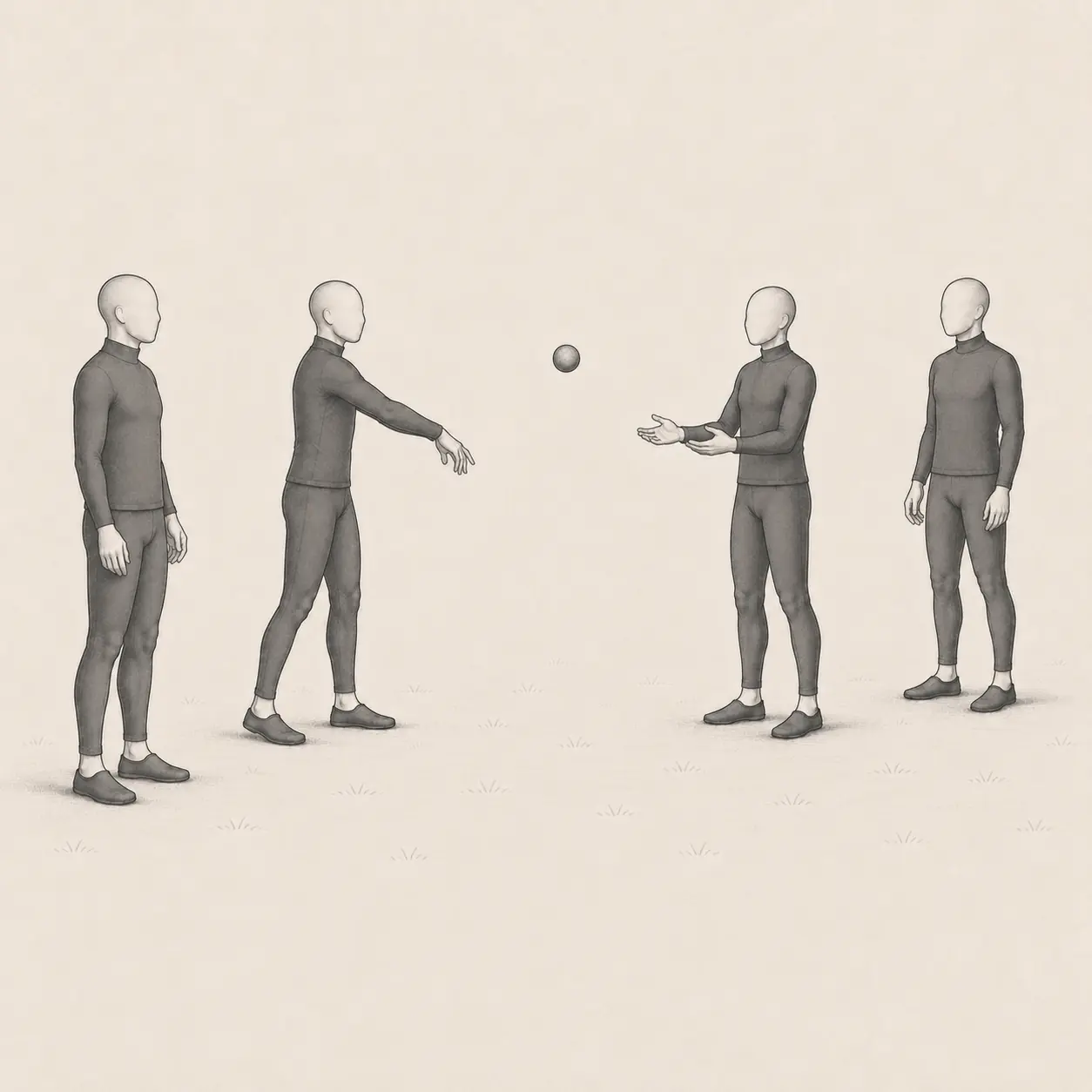 A spaced line of people moving one soft ball along with throws and catches